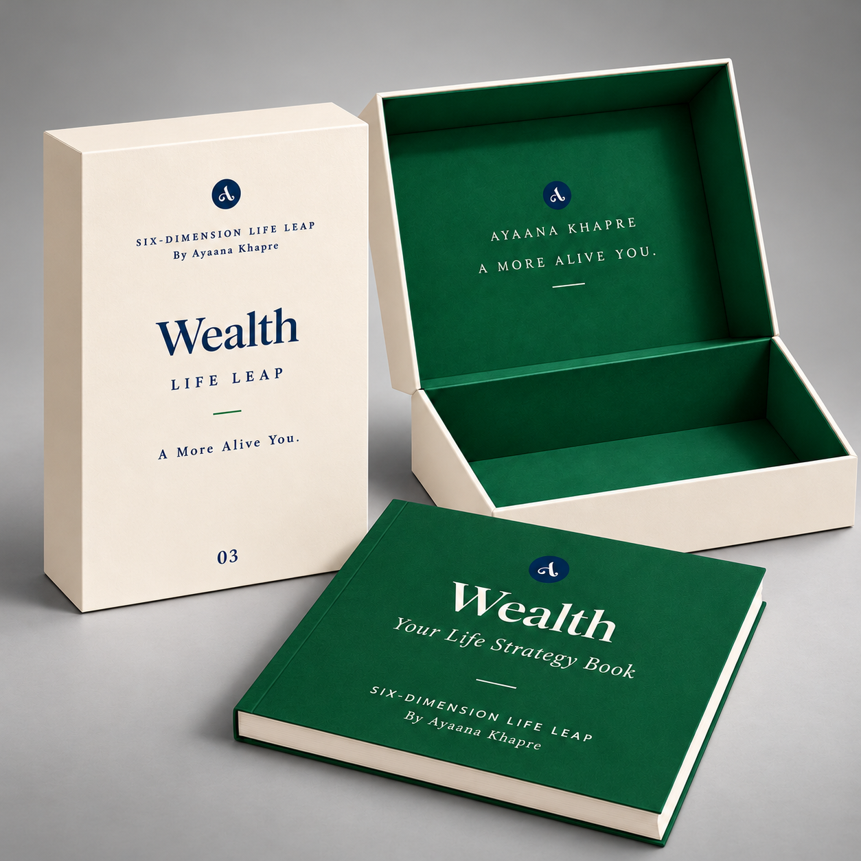 Wealth Life Leap product packaging in a studio setting