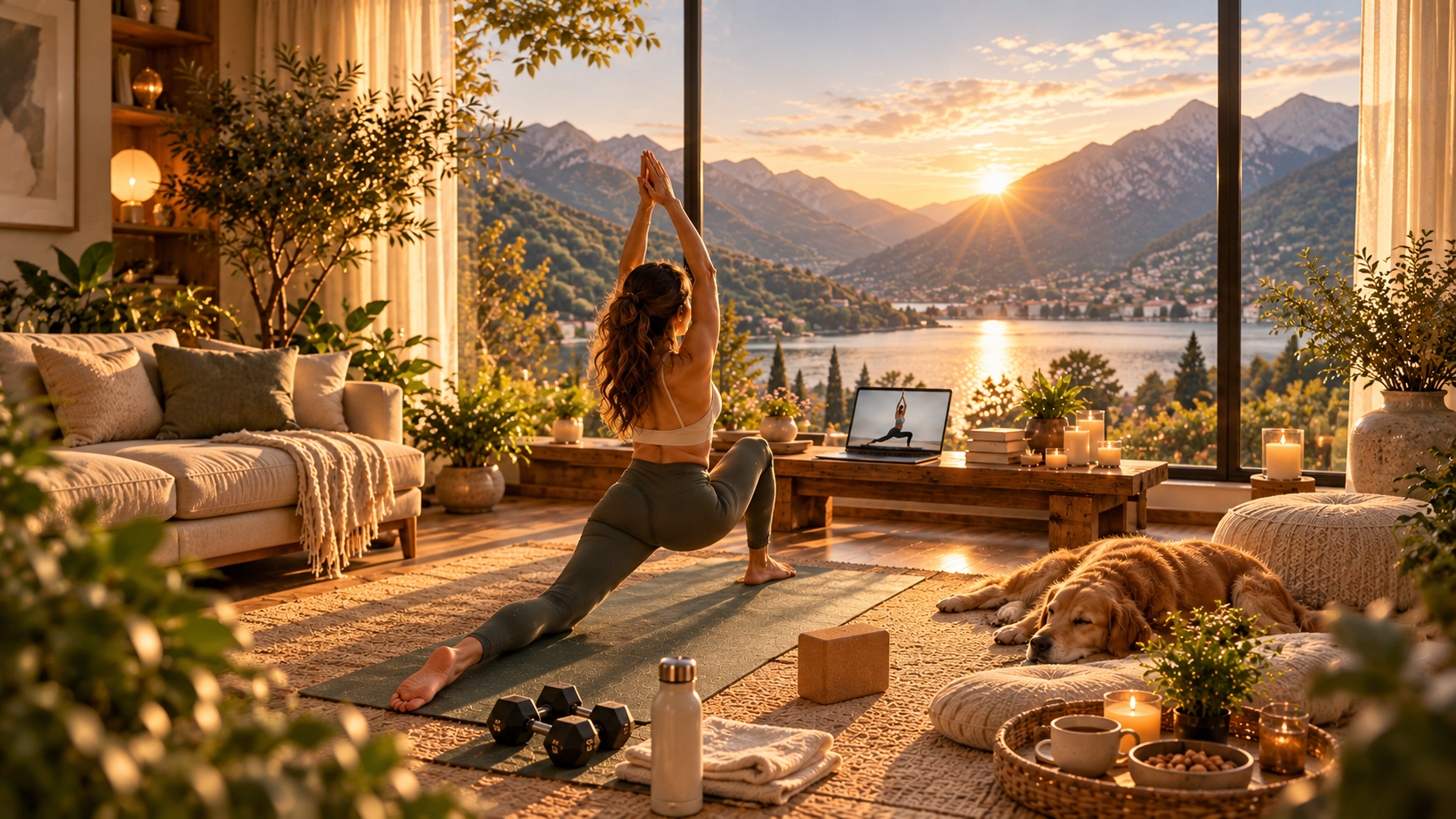 Woman Practicing Yoga In A Sunlit Mountain Home