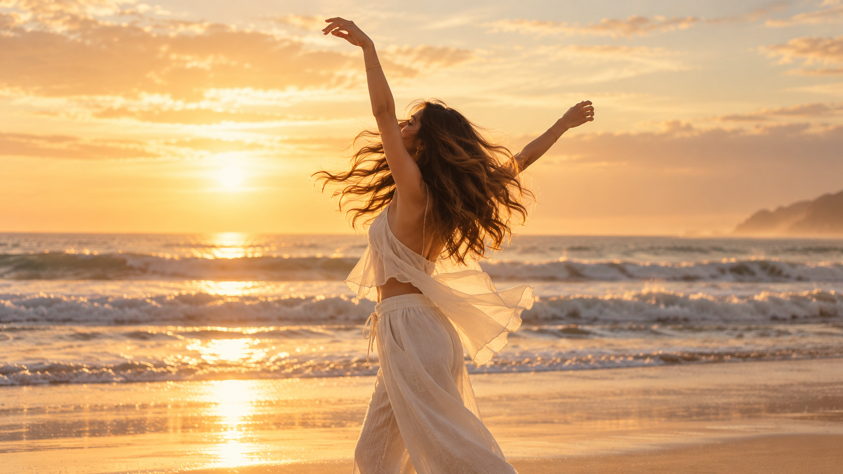 Woman Dancing Freely On A Beach At Sunrise
