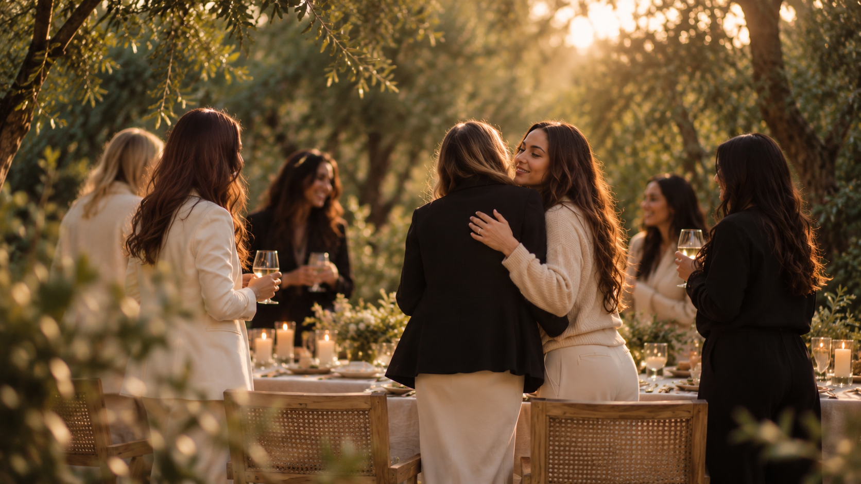 Women Sharing A Warm Moment At A Golden-Hour Garden Gathering