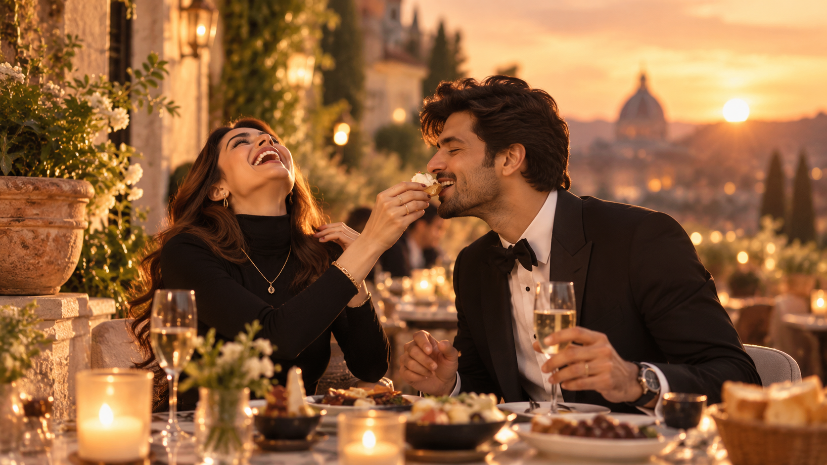 A Couple Sharing A Joyful Dinner At Sunset