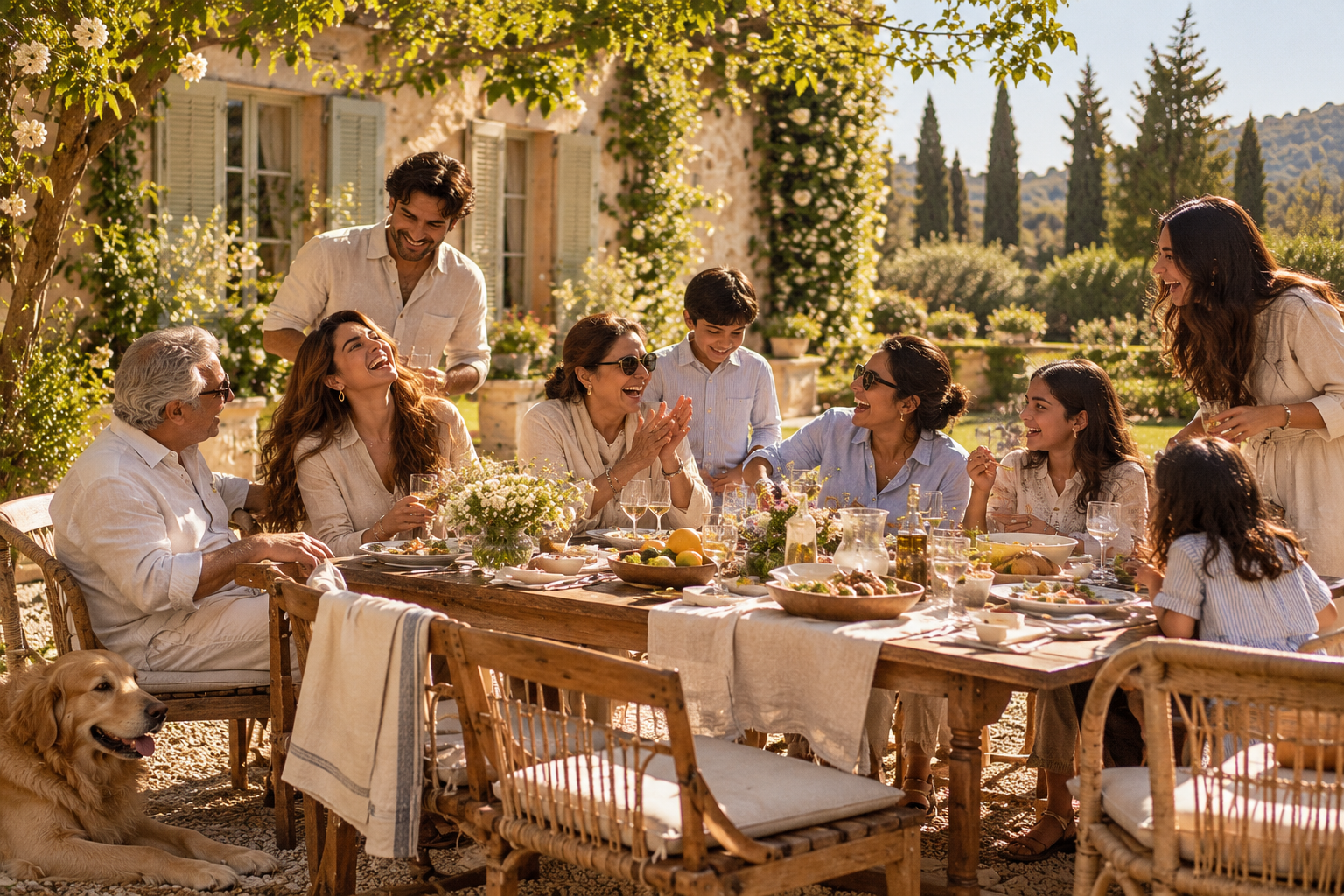 Family And Friends Sharing A Sunlit Outdoor Meal Together