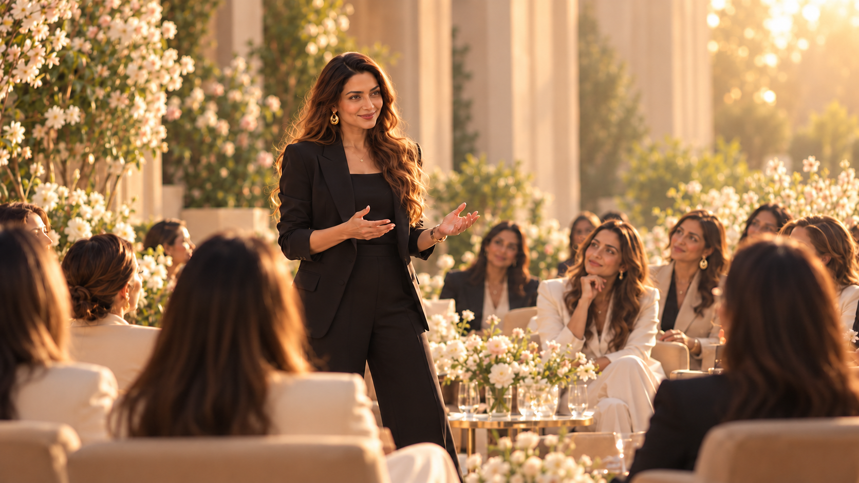 Ayaana Khapre Speaking With An Audience At A Sunlit Garden Gathering