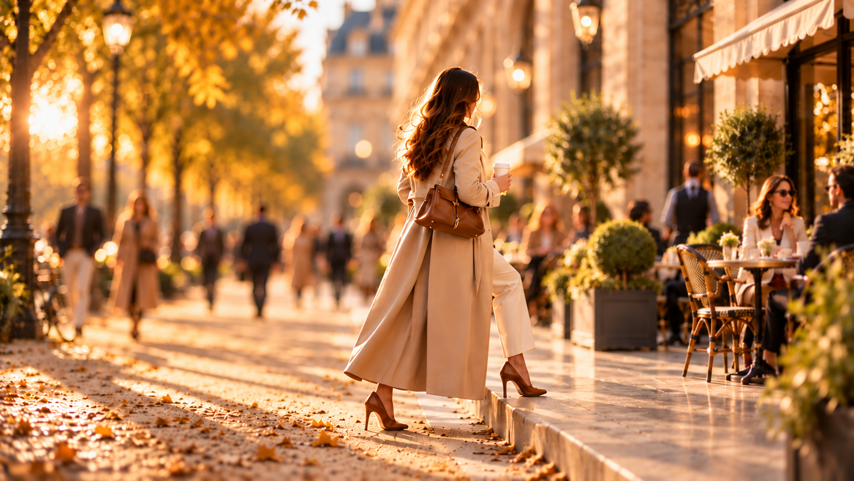Woman Walking Past A Café In Golden Autumn Light